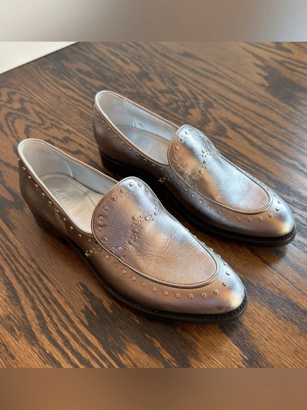 The Office of Angela Scott Miss Cecilia Studded Metallic Loafers Silver 39